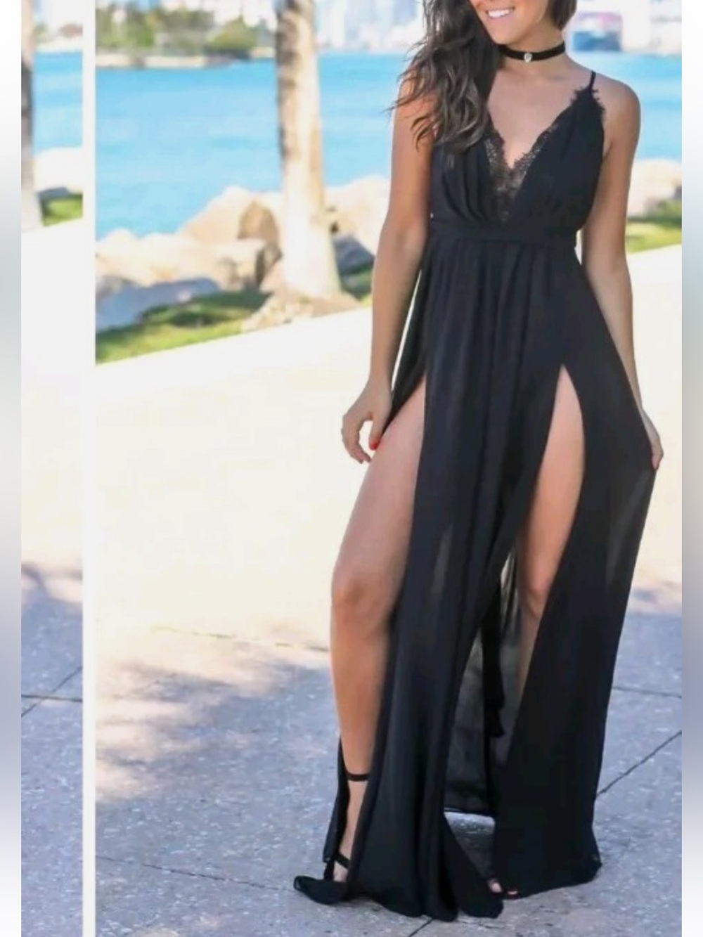 NWT  Luxxel black maxi dress features a deep V-neckline with delicate lace small